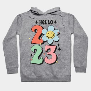 Hello 2023 Groovy Retro Happy Daisy Flower New Year Gift Hoodie